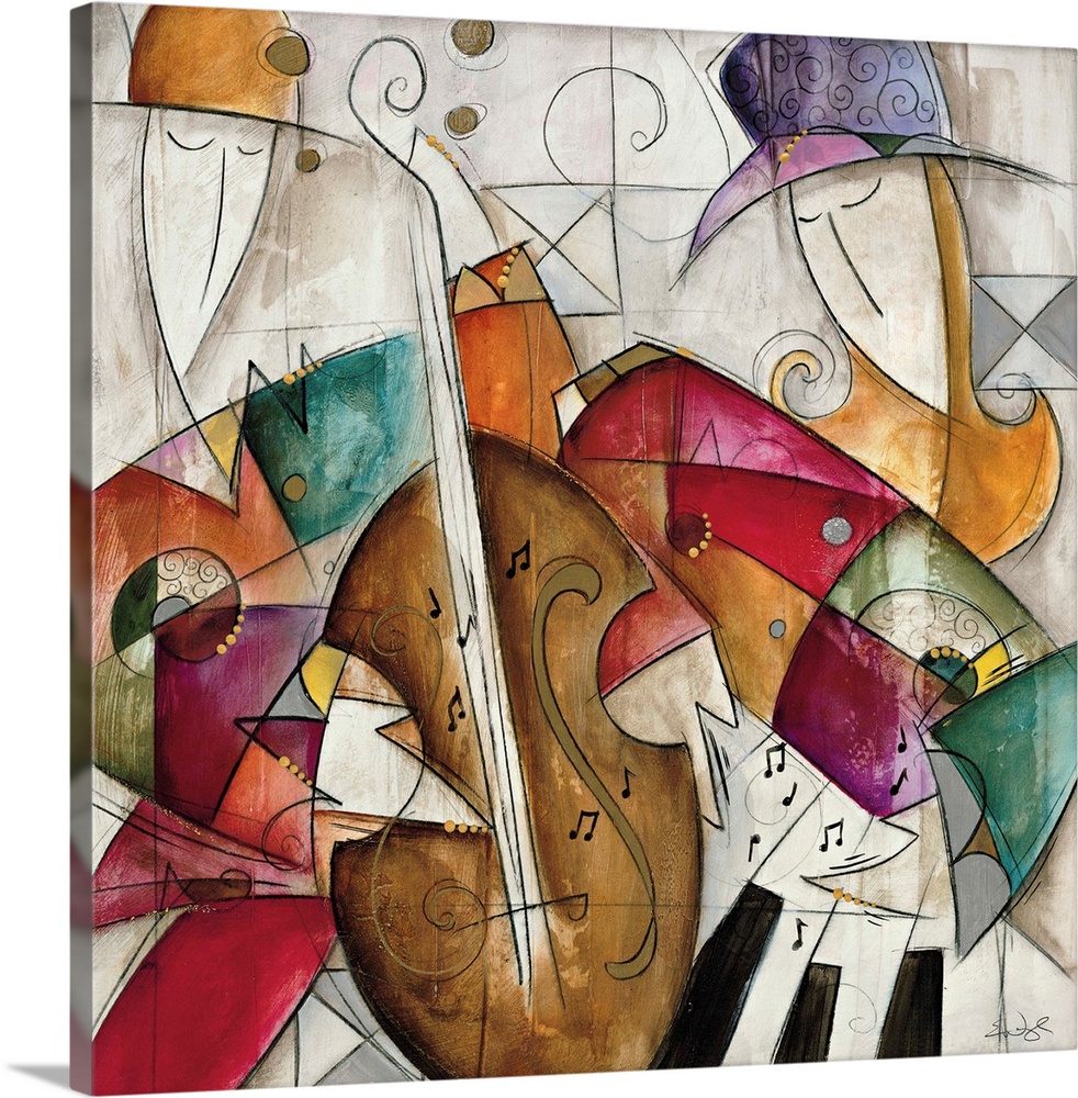 Jam Session II by Eric Waugh.  A square abstract painting of musicians playing instruments.
