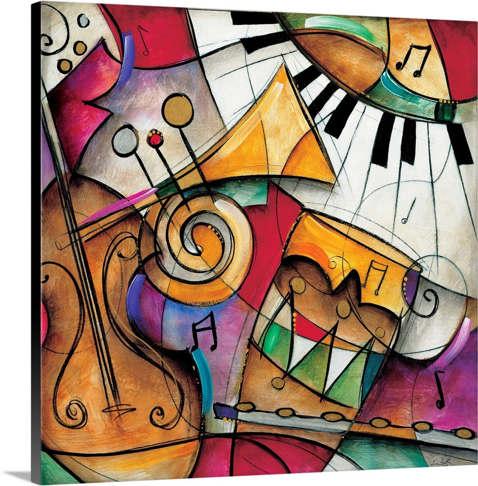 Jazz it Up I by Eric Waugh.  A square abstract painting of varies instruments played in jazz music.