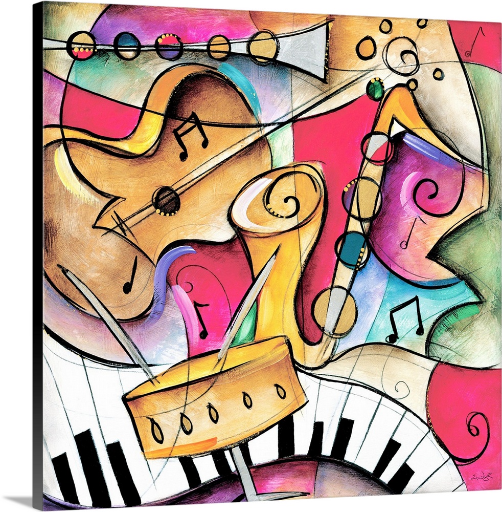Jazz it Up II by Eric Waugh.  A square abstract painting of varies instruments played in jazz music.