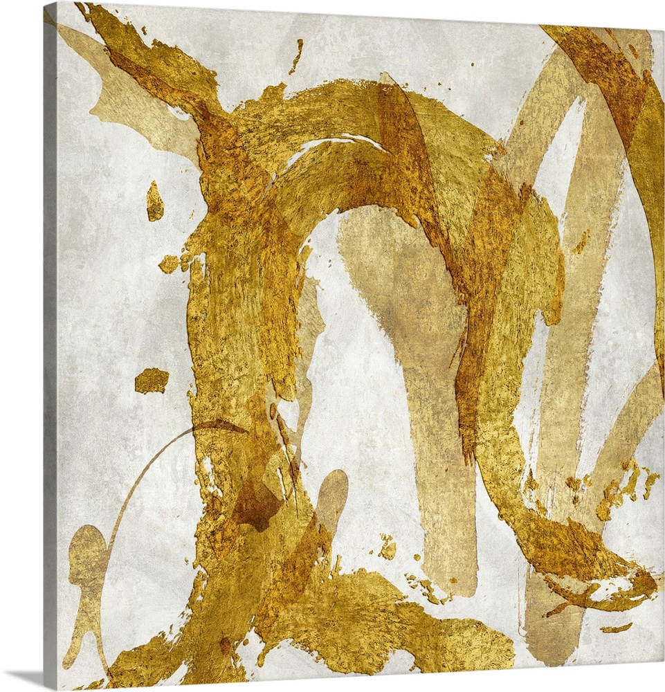 Square abstract art with metallic gold brushstrokes going in all directions on a white background.