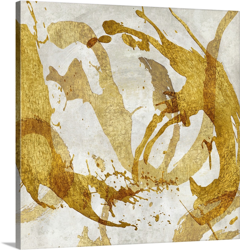 Square abstract art with metallic gold brushstrokes going in all directions on a white background.