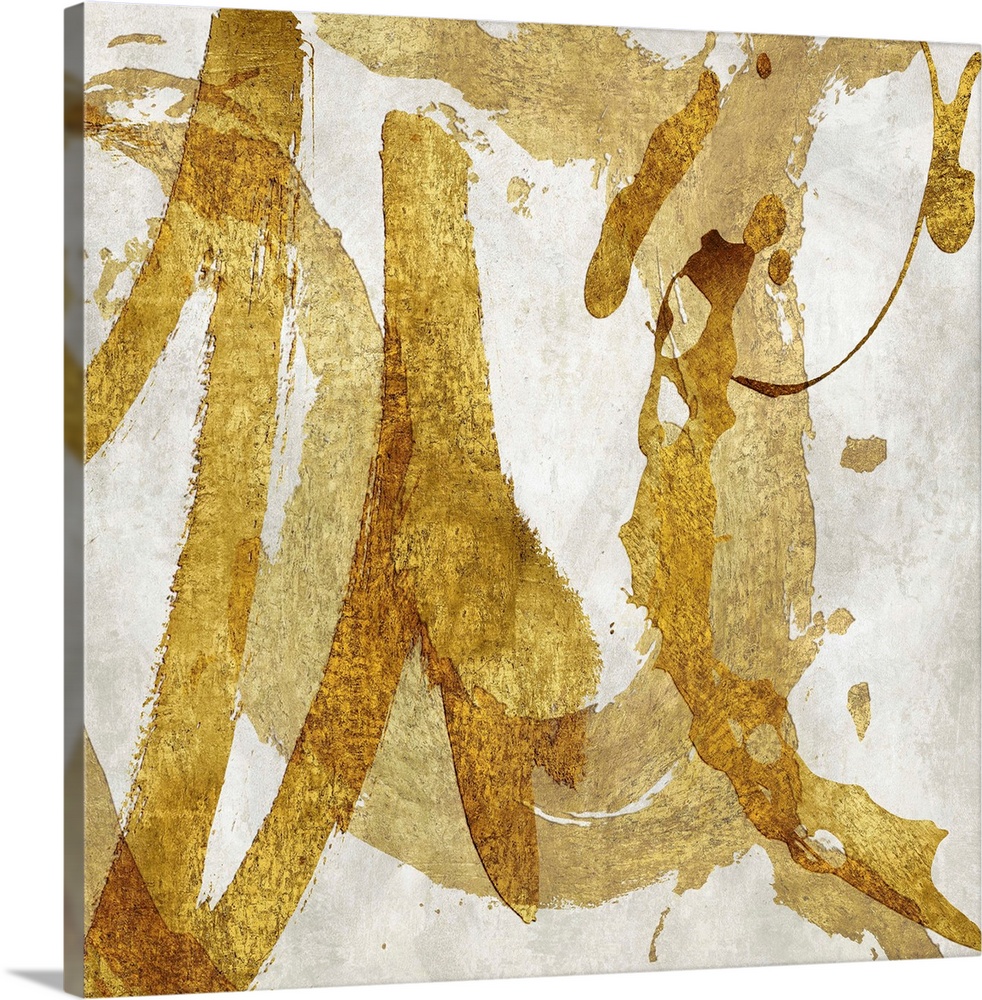 Square abstract art with metallic gold brushstrokes going in all directions on a white background.