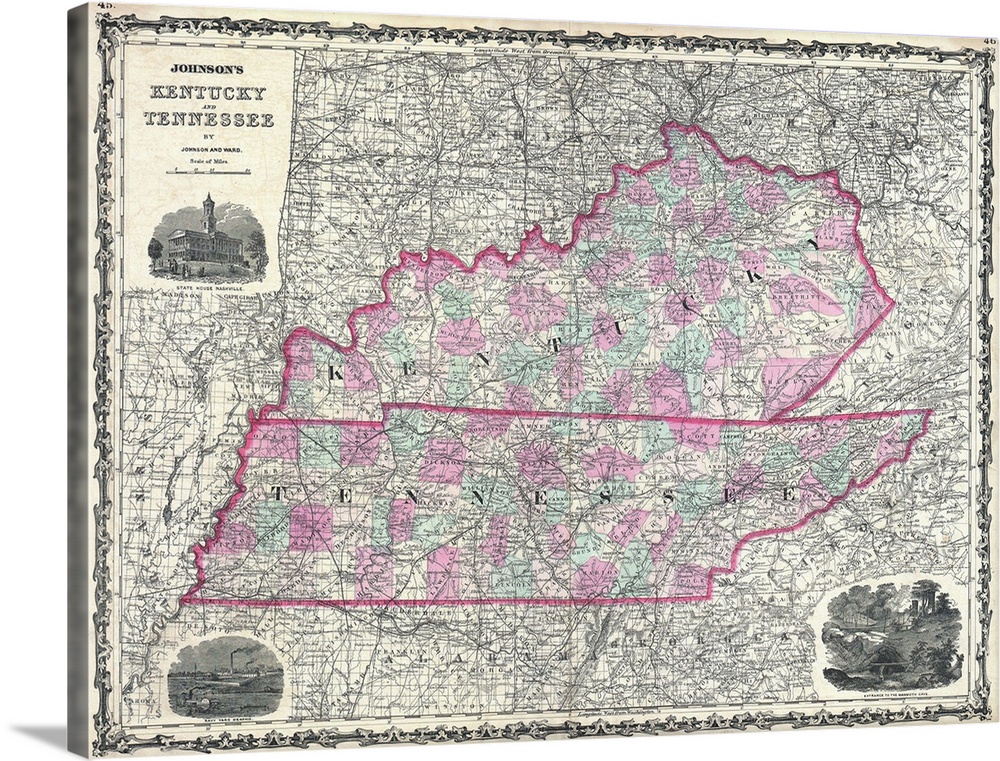 Antique map of Tennessee and Kentucky sectioned into counties.