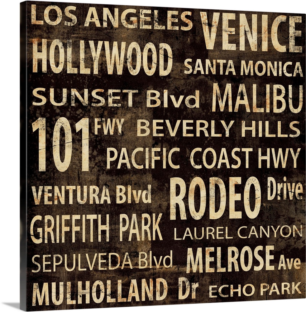Los Angeles typography in gold and brown.