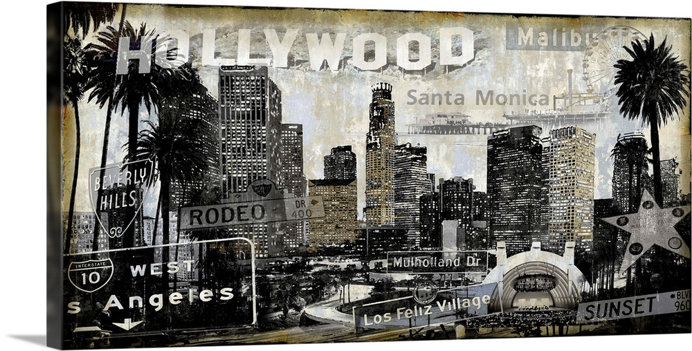 Home decor with a cityscape of LA/Hollywood in black and sepia tones with well-known street signs and landmarks all over.