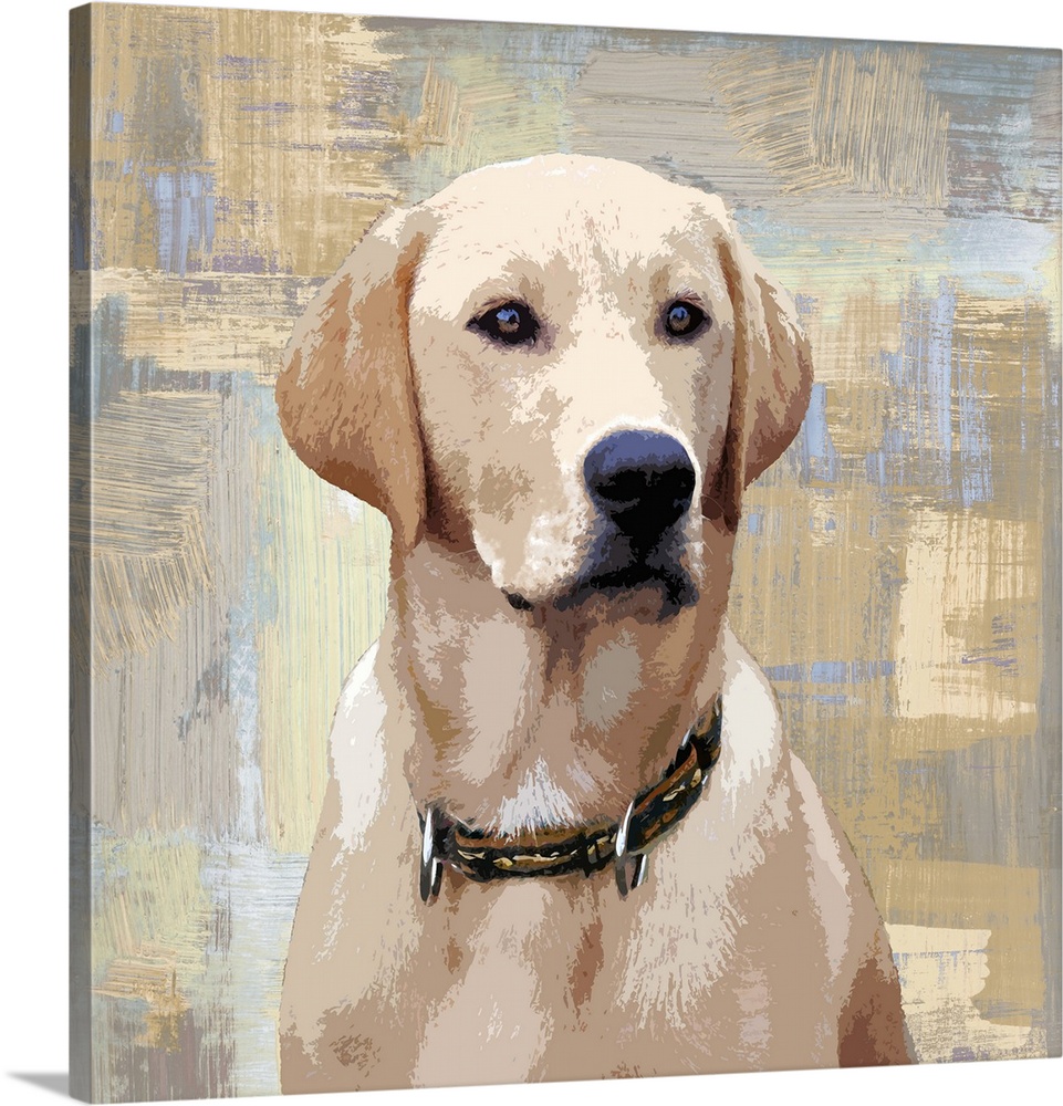 Square decor with a portrait of a Labrador on a layered gray, blue, and tan background.
