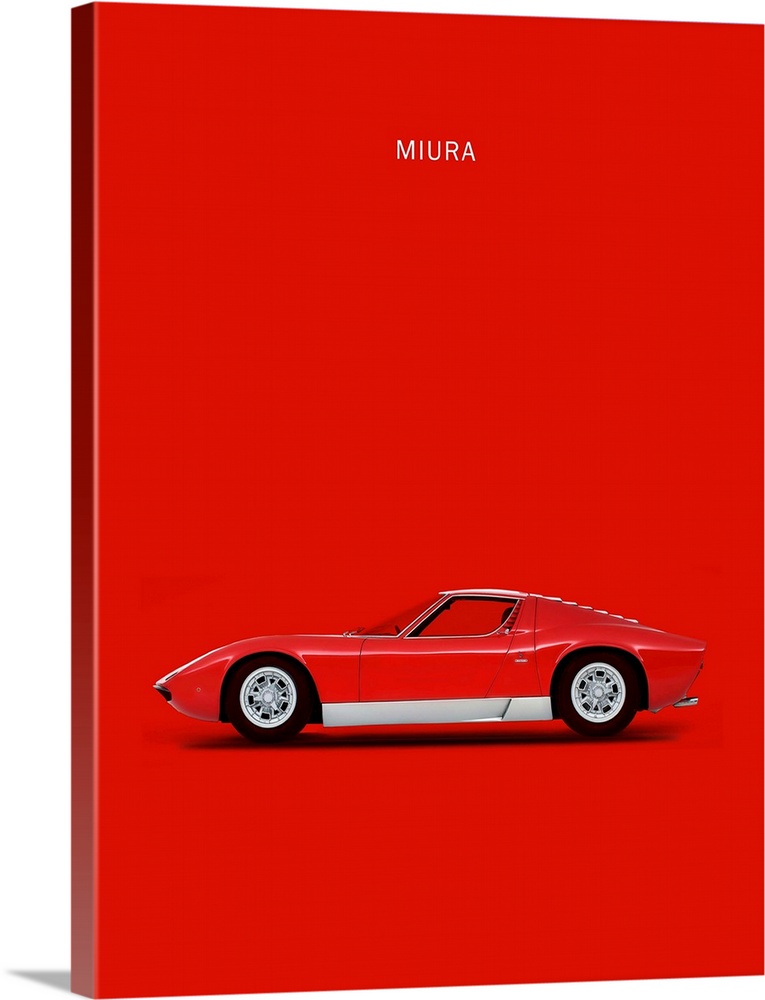 Photograph of a red and silver Lambo Miura 69 printed on a red background