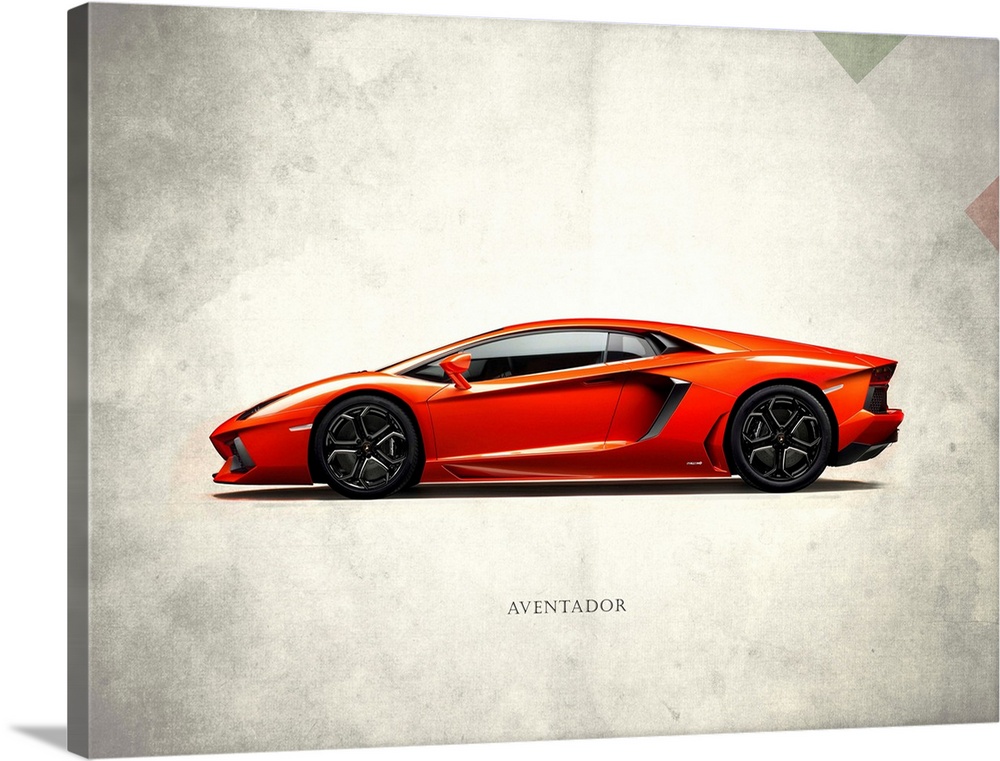 Photograph of a red Lamborghini Aventador printed on a distressed white and gray background with part of the Italian flag ...