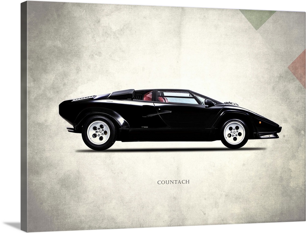 Photograph of a black Lamborghini Countach 5000 printed on a distressed white and gray background with part of the Italian...