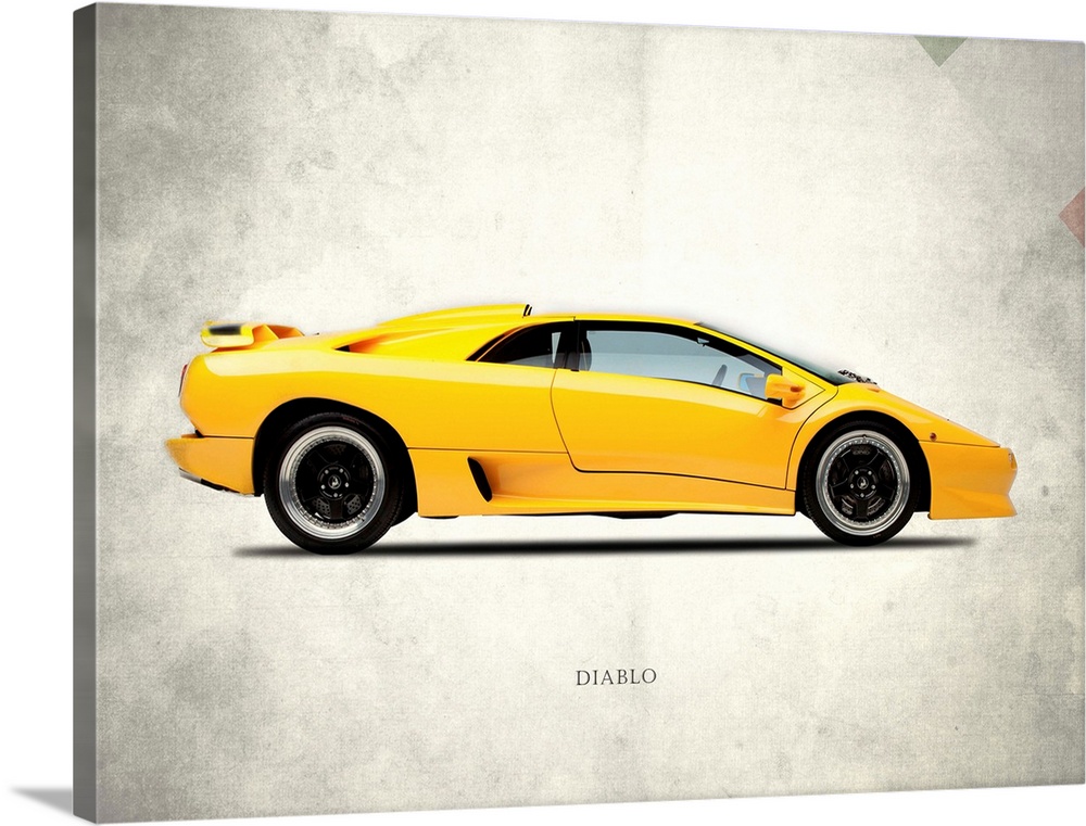 Photograph of a yellow Lamborghini Diablo 1988 printed on a distressed white and gray background with part of the Italian ...