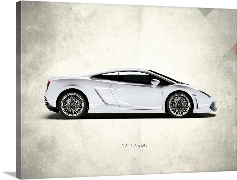 Photograph of a white Lamborghini Gallardo printed on a distressed white and gray background with part of the Italian flag...