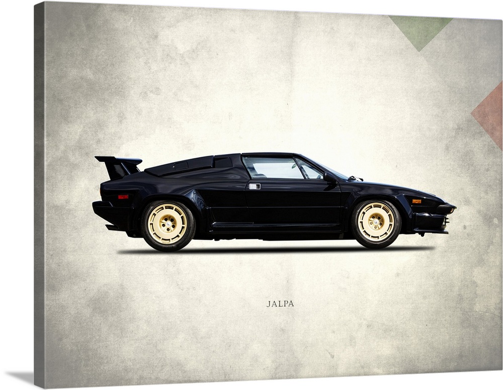 Photograph of a black Lamborghini Jalpa 1988 printed on a distressed white and gray background with part of the Italian fl...
