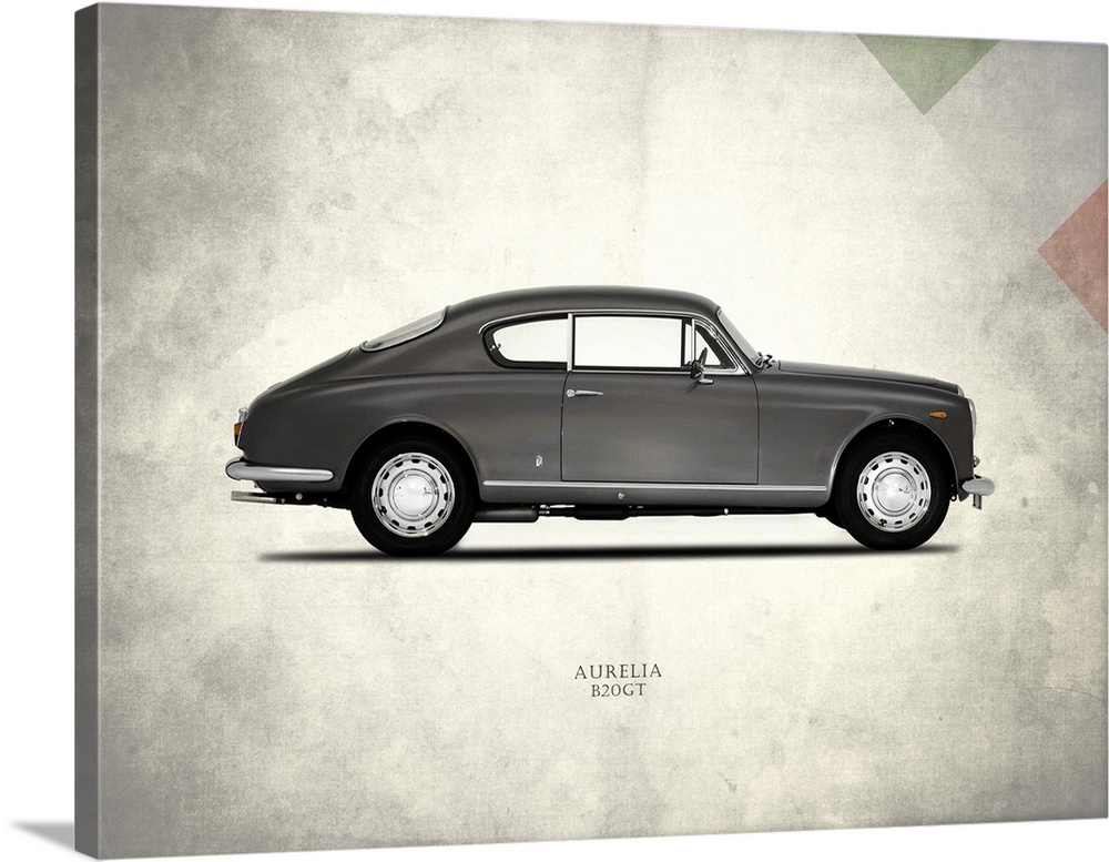 Photograph of a Lancia Aurelia printed on a distressed white and gray background with part of the Italian flag in the top ...