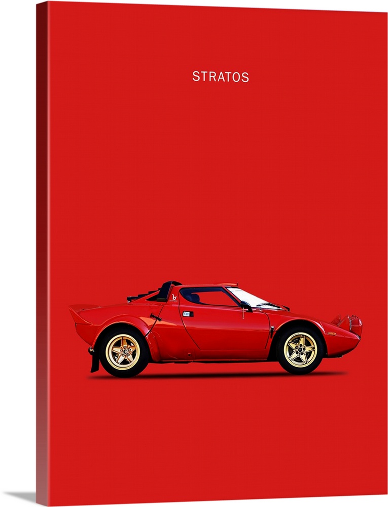 Photograph of a red Lancia Stratos 1974 printed on a red background