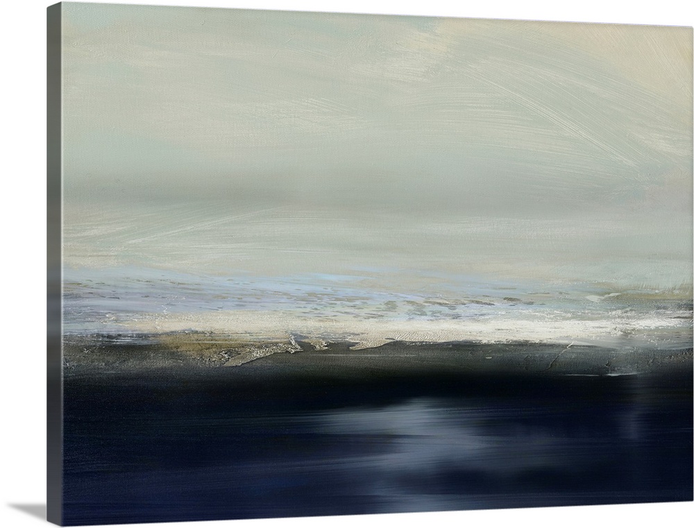 Contemporary abstract artwork of blue and gray-green colors that resemble landscape with a horizon line.