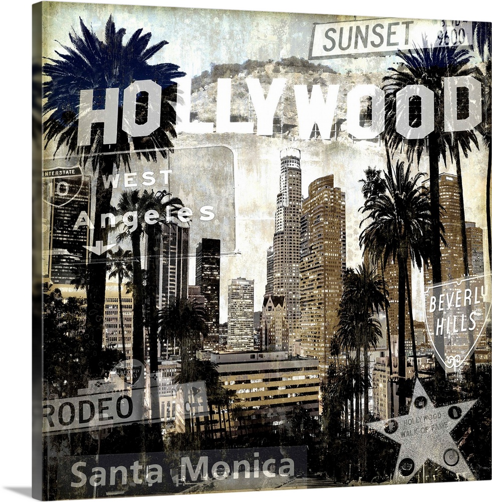 Square home decor with a cityscape of LA/Hollywood in black and sepia tones with well-known street signs all over.