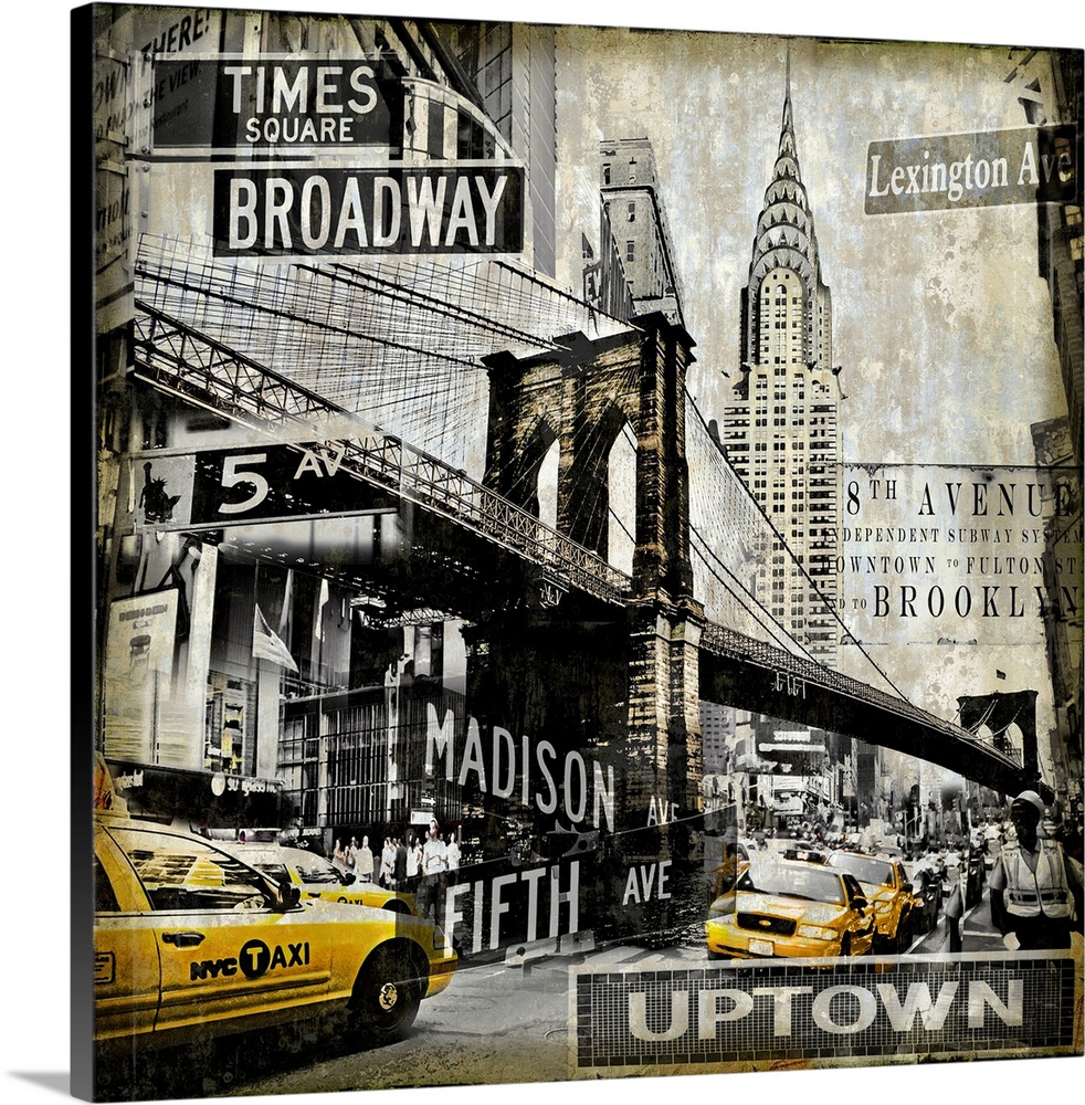 Square home decor with a cityscape of New York City in black and sepia tones with yellow taxi cabs.