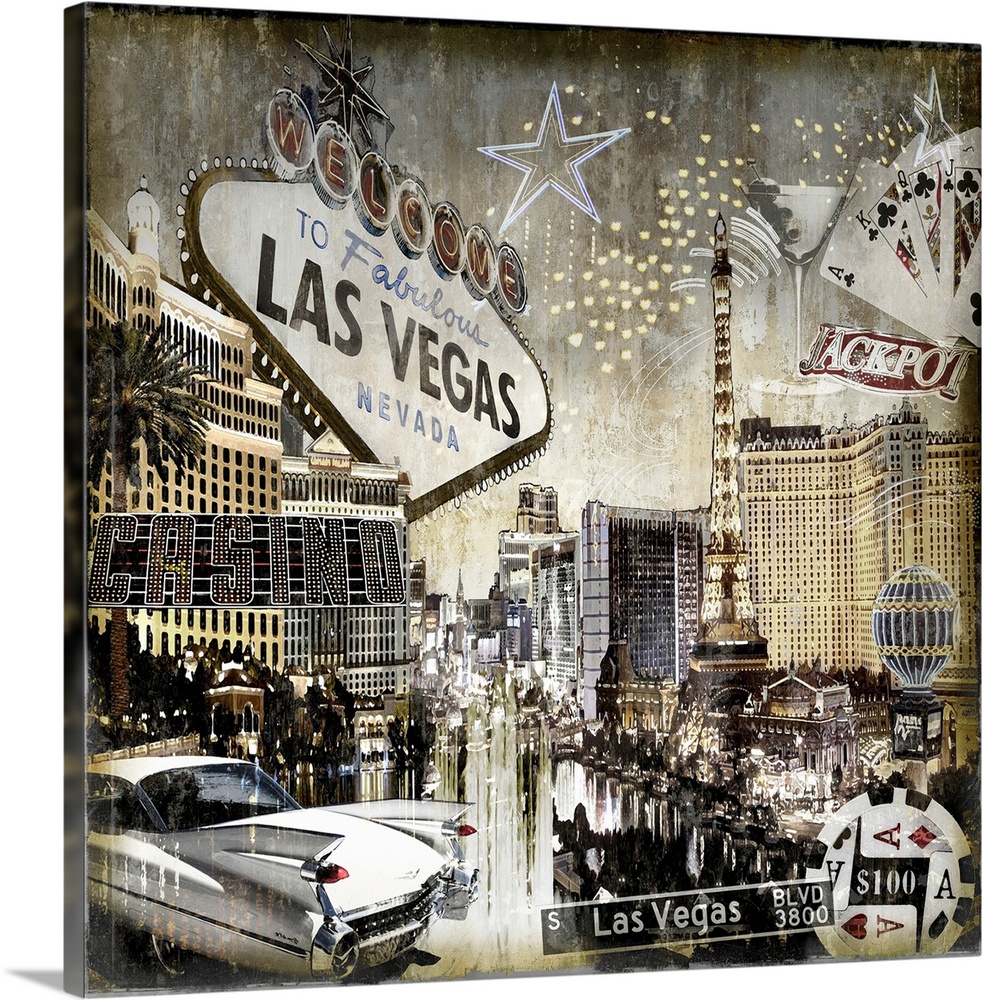 Square home decor with a cityscape of Las Vegas in black, white, and gold tones with well-known landmarks and street signs...