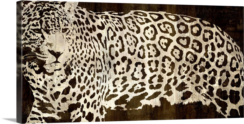 Wide illustration of a leopard on a faux wood background.