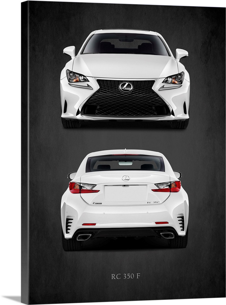 Photograph of the front and the back of a white Lexus RC 350 F printed on a black background with a dark vignette.