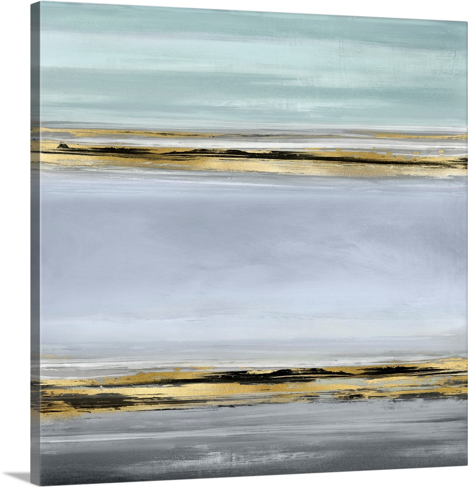 Contemporary artwork featuring two bold black brush strokes overlaid with a gold foil texture on soft blue, gray and green...