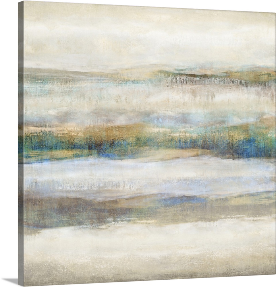 Square abstract painting with neutral colors and pops of blue and gold running horizontally across the canvas.
