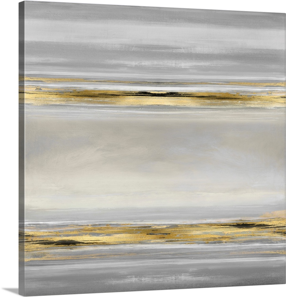 Contemporary artwork featuring two bold black brush strokes overlaid with a gold foil texture on soft gray and beige colors.