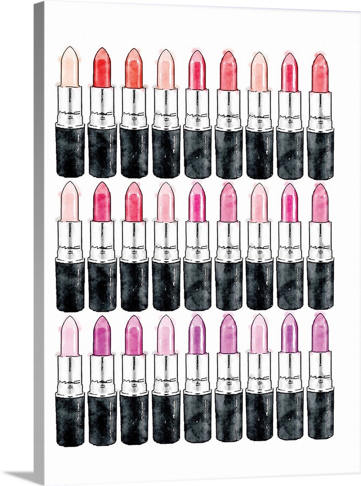 Rows of lipsticks in various shades of red.