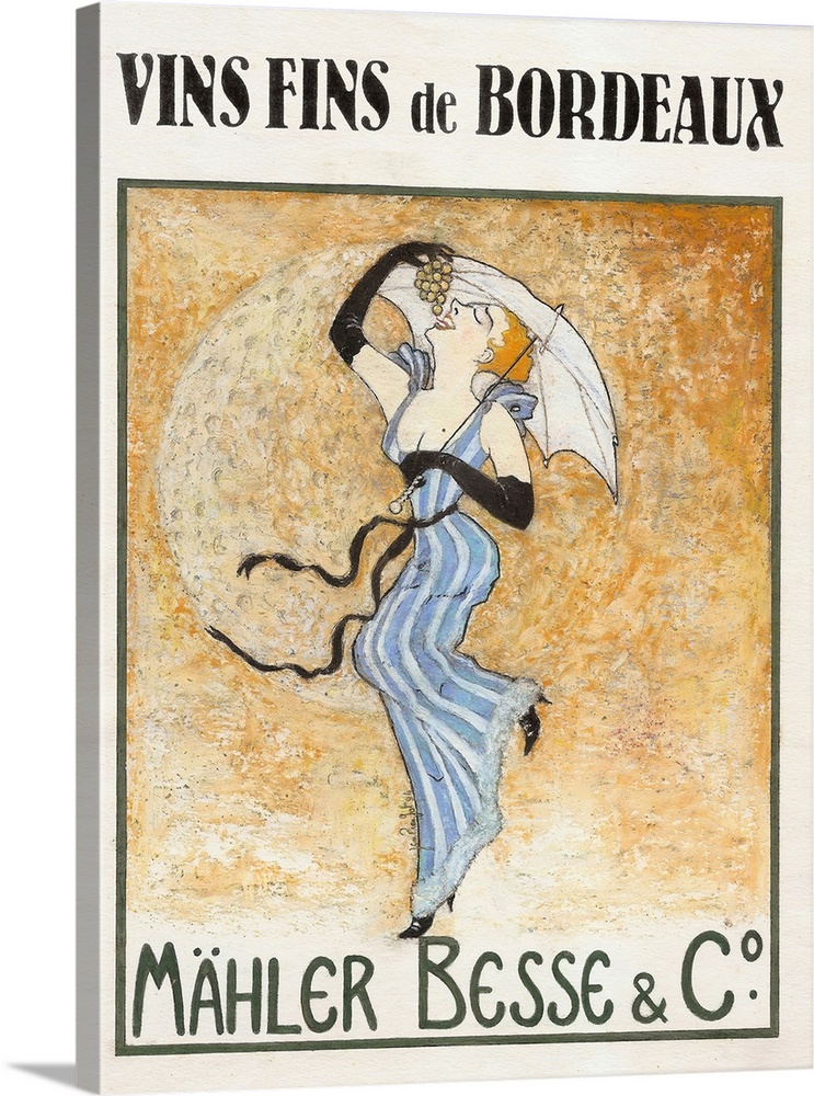 French poster advertising wine with a woman carrying an umbrella and eating grapes with the moon in the background.