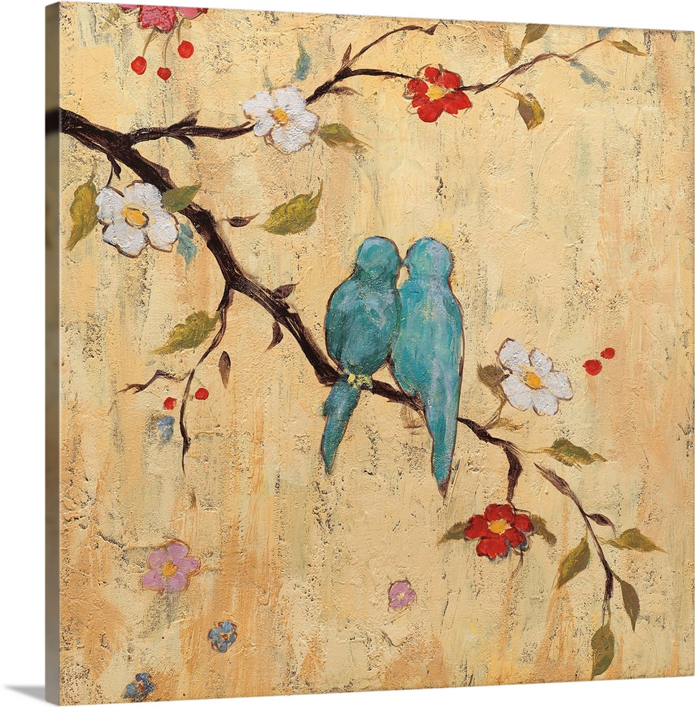Contemporary square painting of two blue birds sitting on a tree branch with berries, leaves, and flowers on an yellow-ora...