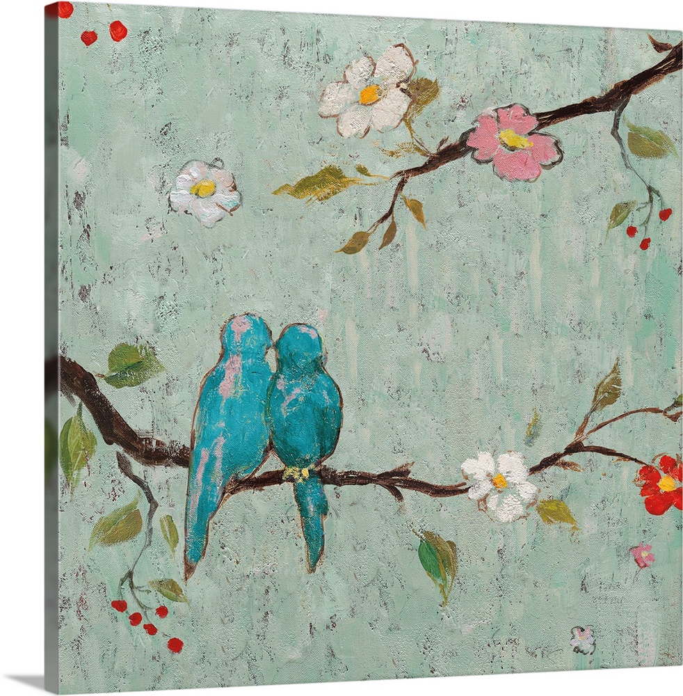 Contemporary square painting of two blue birds sitting on a tree branch with berries, leaves, and flowers on an eggshell b...