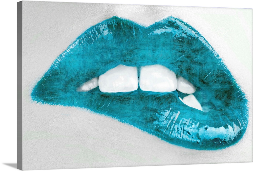 Close up of a woman biting her lip with bright teal lipstick