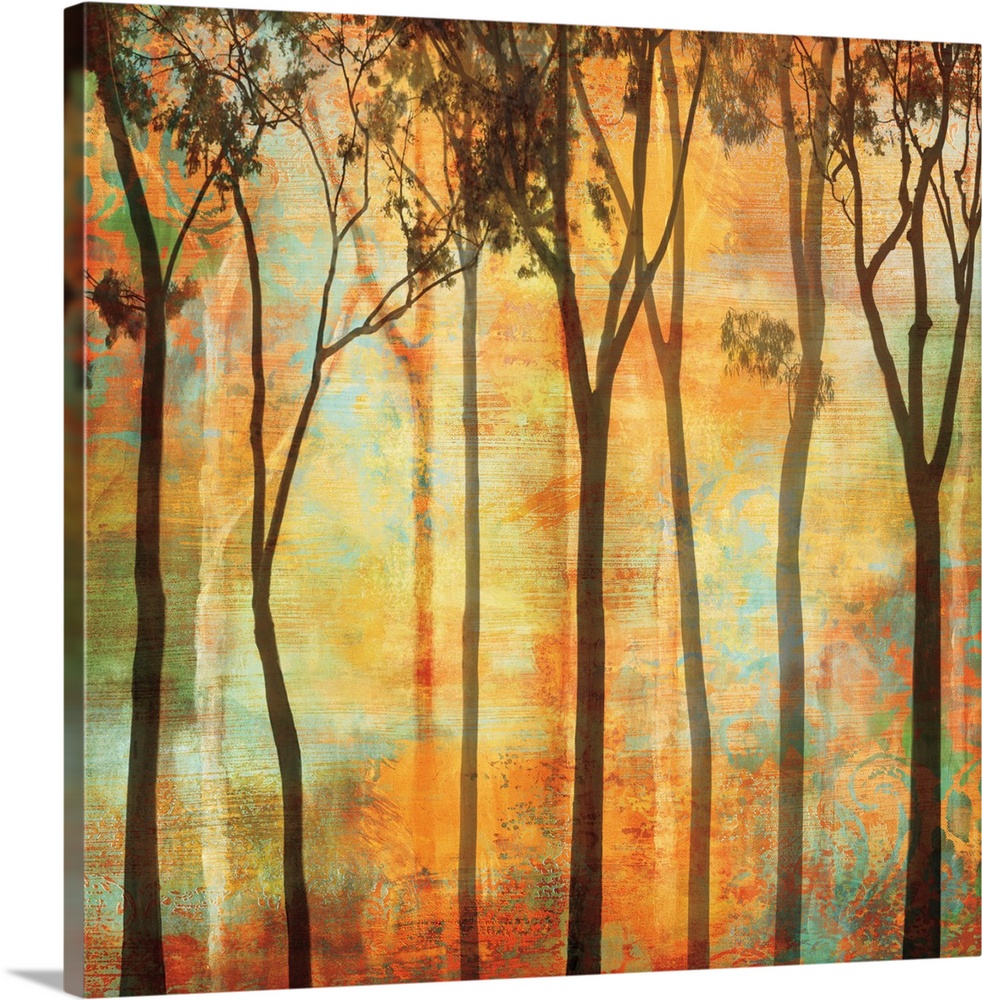 Square decor with silhouettes of tall, thin trees on a warm and colorful background.