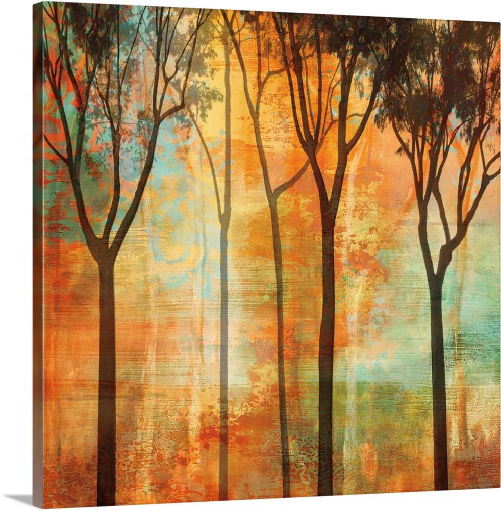 Square decor with silhouettes of tall, thin trees on a warm and colorful background.