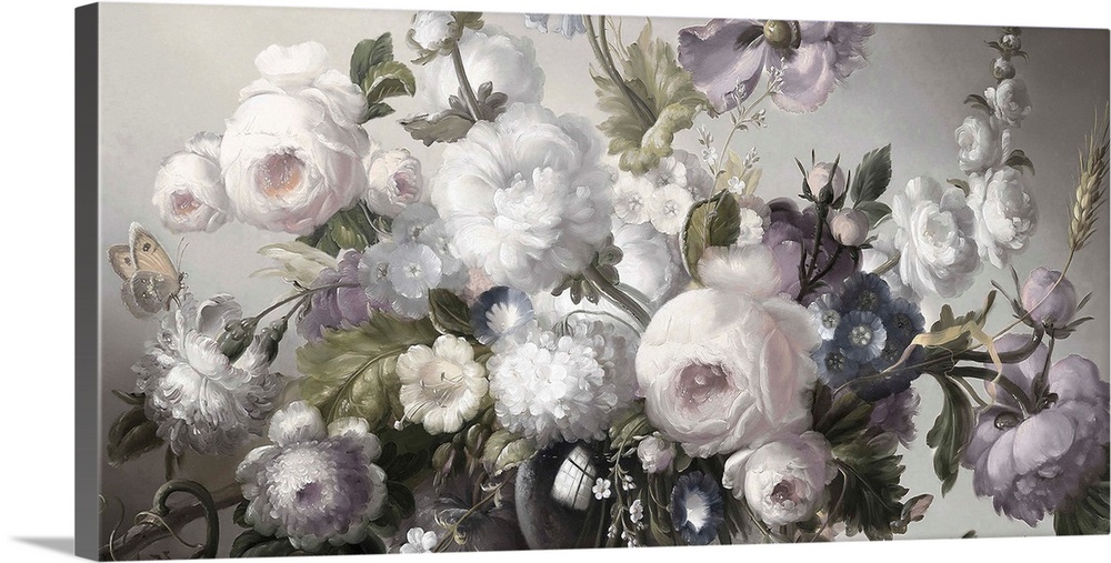 Desaturated artwork showing a romantic bouquet of flowers over a light background.
