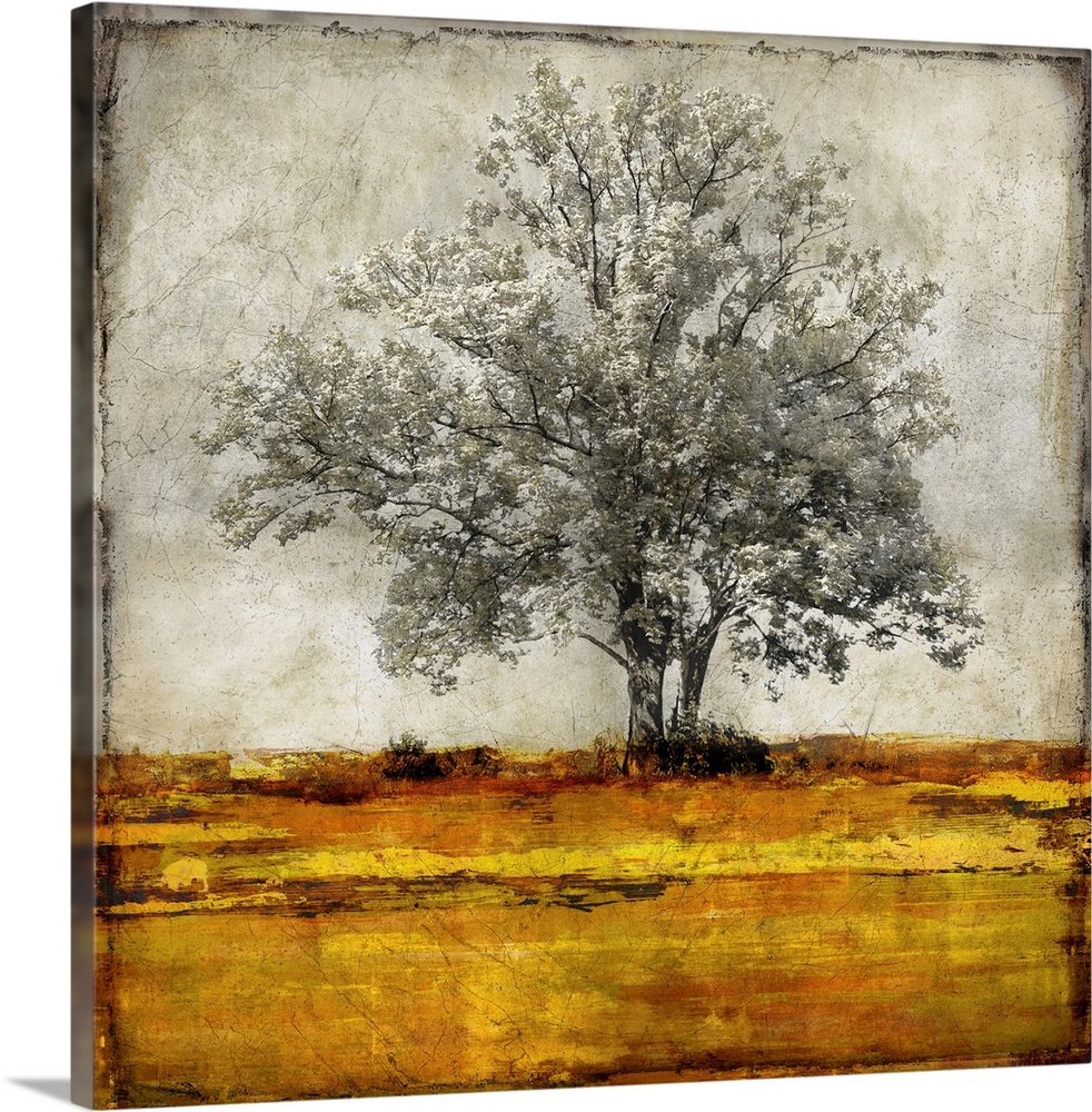 Single gray scaled oak tree with a little bit of gold isolated on a distressed gray and white background with yellow and o...