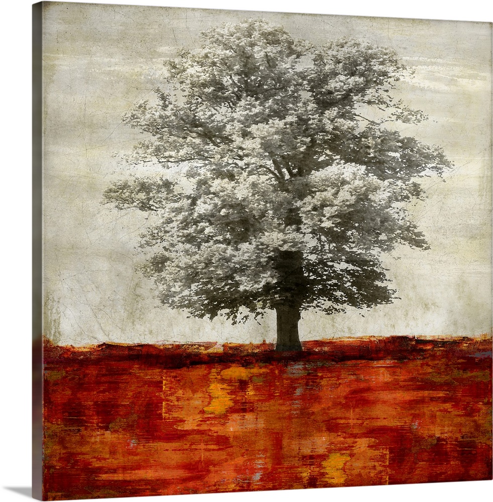 Single gray scaled oak tree with a little bit of gold isolated on a distressed gray and white background with red and yell...