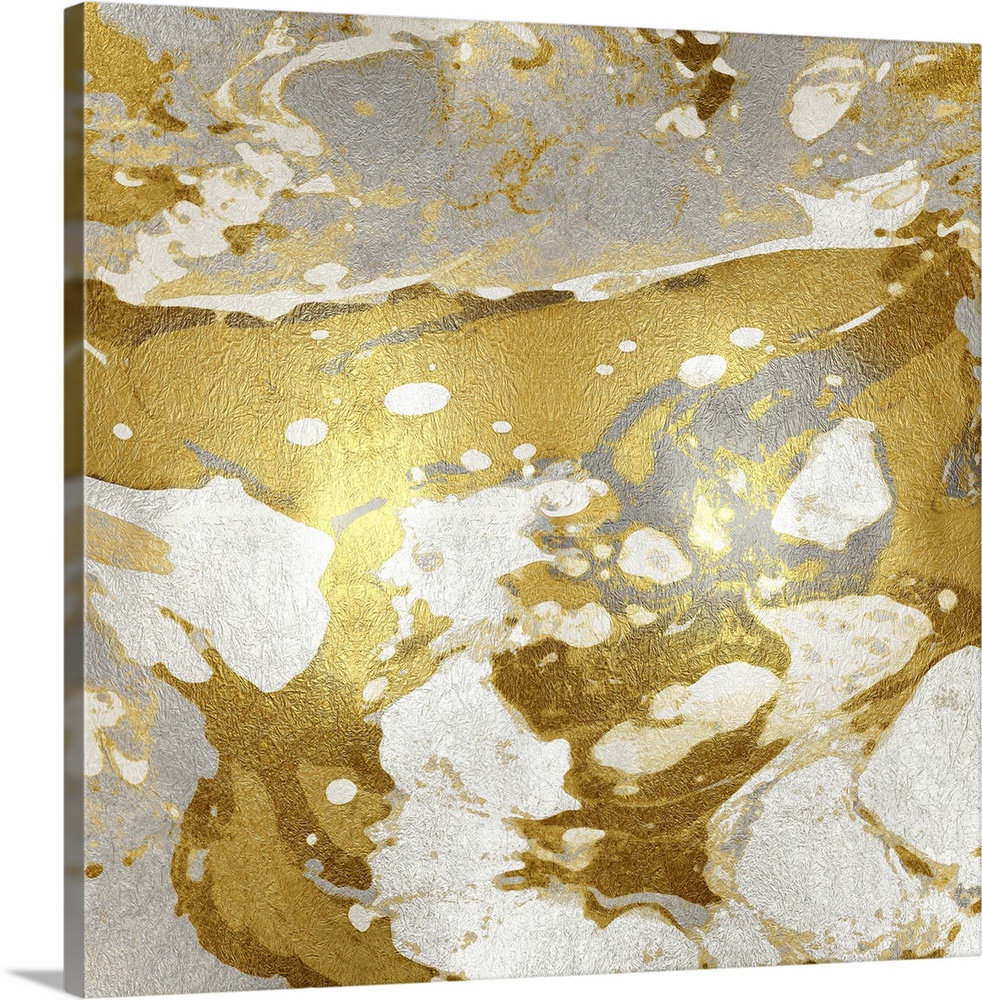 Square abstract art in metallic silver, gold, and white.