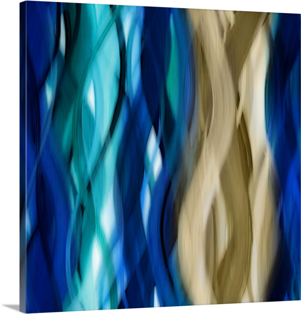 Square abstract art with blurred, wavy ribbons running vertically along the canvas from top to bottom in shades of blue an...