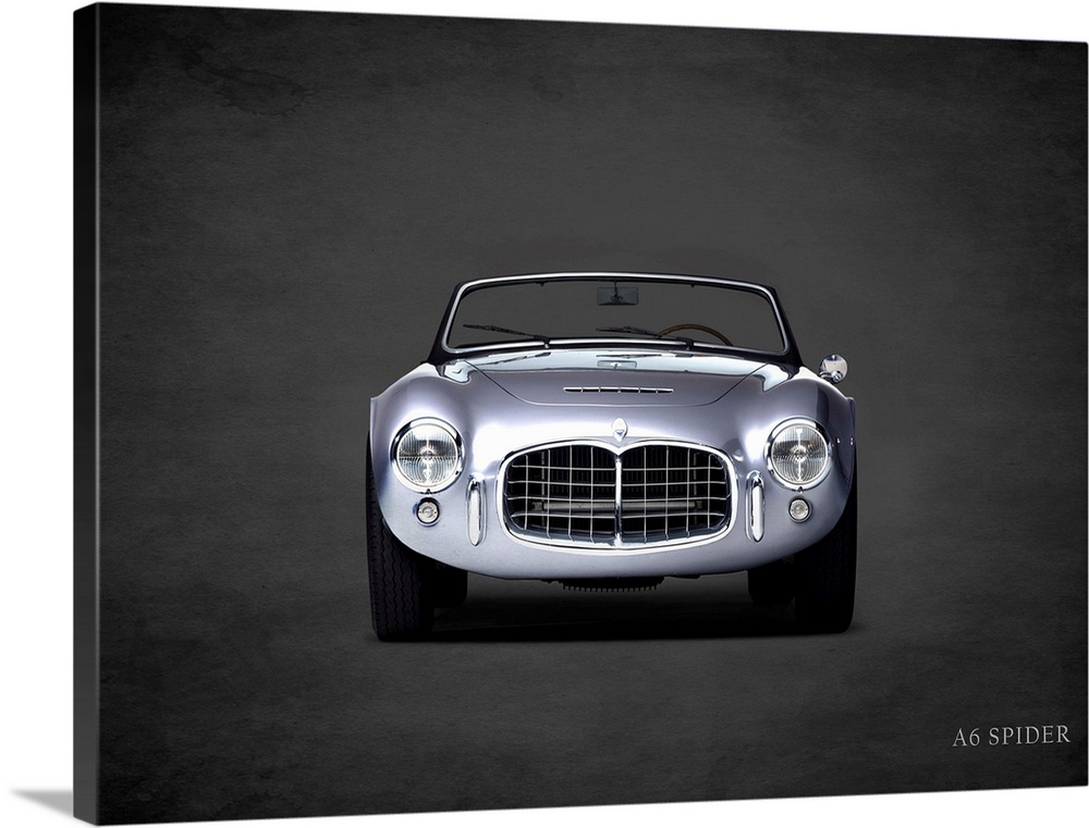 Photograph of a silver Maserati A6 Spider printed on a black background with a dark vignette.