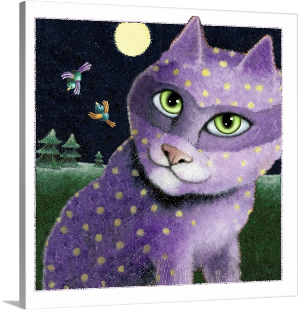 Square illustration of a purple cat with yellow polka dots and a masquerade mask outside at night under a full moon with t...