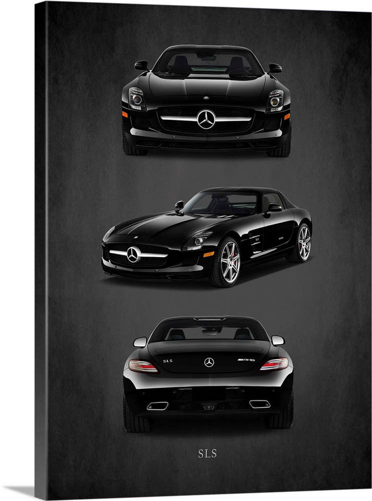 Photograph of the front, back, and side view of a black Merc Benz SLS AMG printed on a black background with a dark vignette.