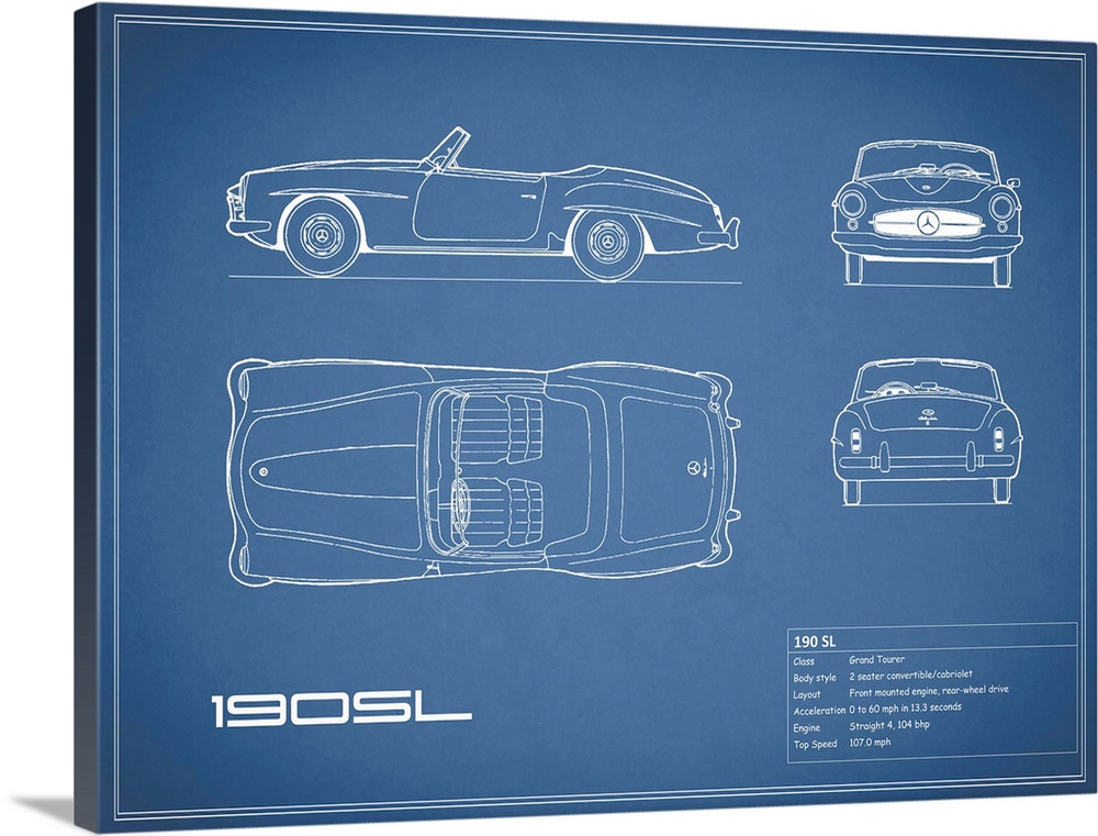 Antique style blueprint diagram of a Mercedes 190 SL printed on a Blue background