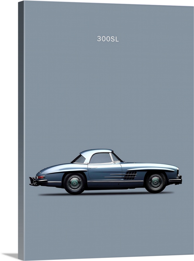Photograph of a gray Mercedes 300SL 1960 printed on a gray background