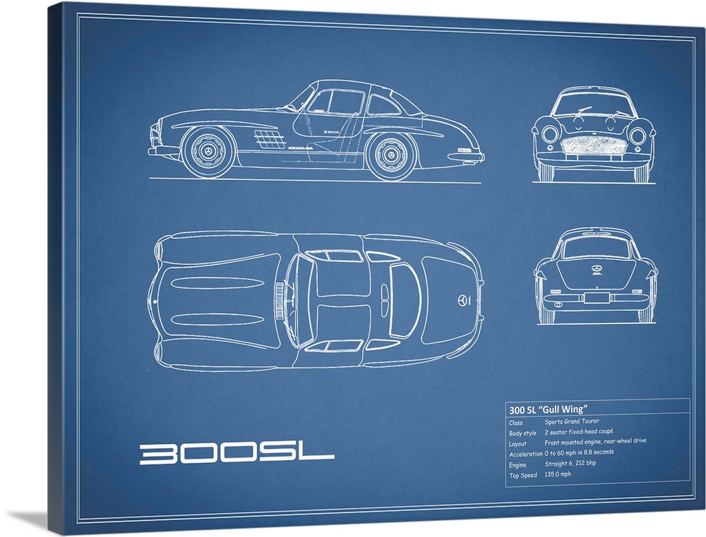 Antique style blueprint diagram of a Mercedes 300SL Gullwing printed on a Blue background