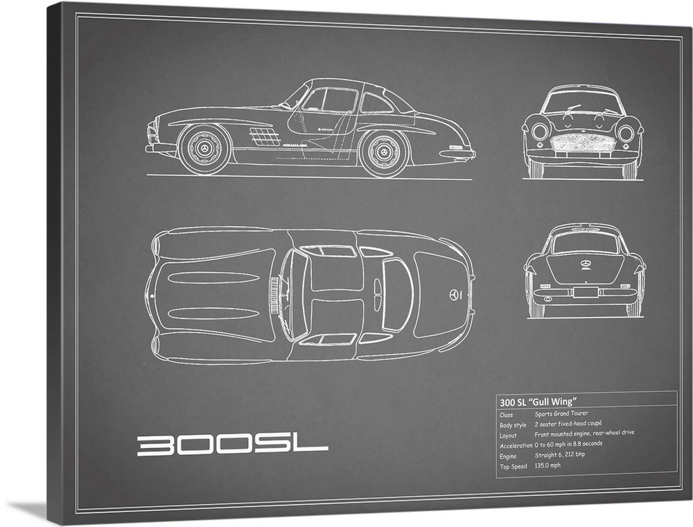 Antique style blueprint diagram of a Mercedes 300SL Gullwing printed on a Grey background