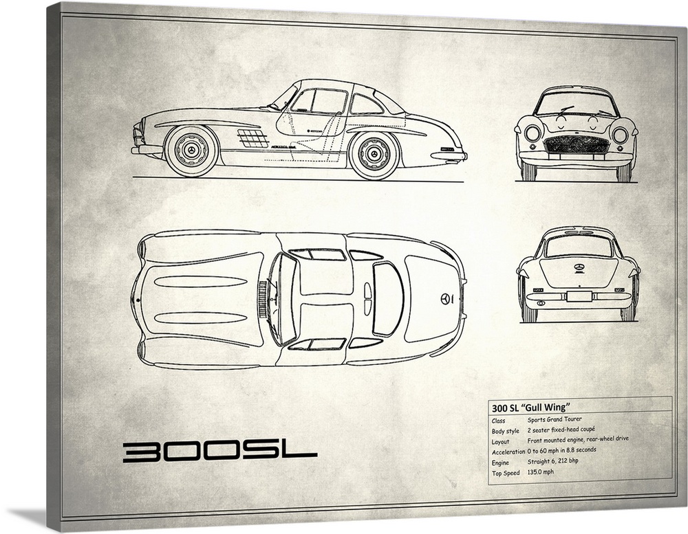 Antique style blueprint diagram of a Mercedes 300SL Gullwing printed on a weathered white and gray background.