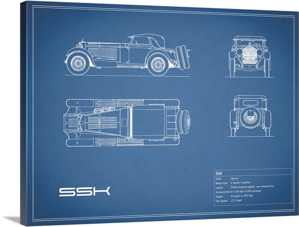 Antique style blueprint diagram of a Mercedes SSK printed on a Blue background