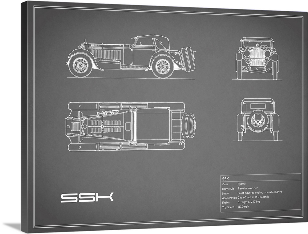 Antique style blueprint diagram of a Mercedes SSK printed on a Grey background
