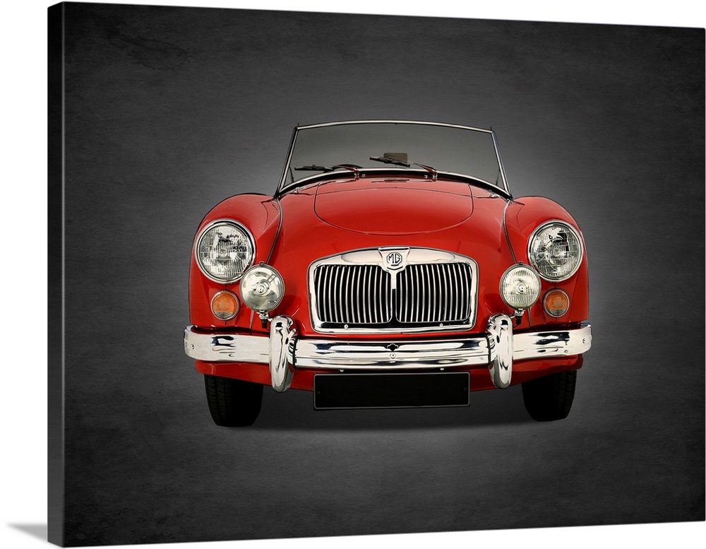 Photograph of a red 1955 MG A 1500  printed on a black background with a dark vignette.